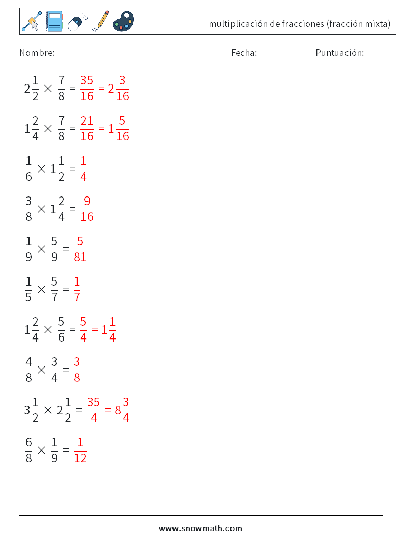 (10) multiplicación de fracciones (fracción mixta) Hojas de trabajo de matemáticas 2 Pregunta, respuesta