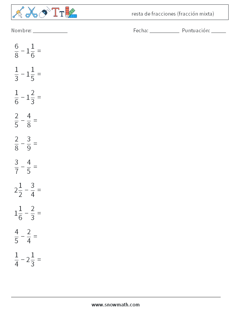 (10) resta de fracciones (fracción mixta)