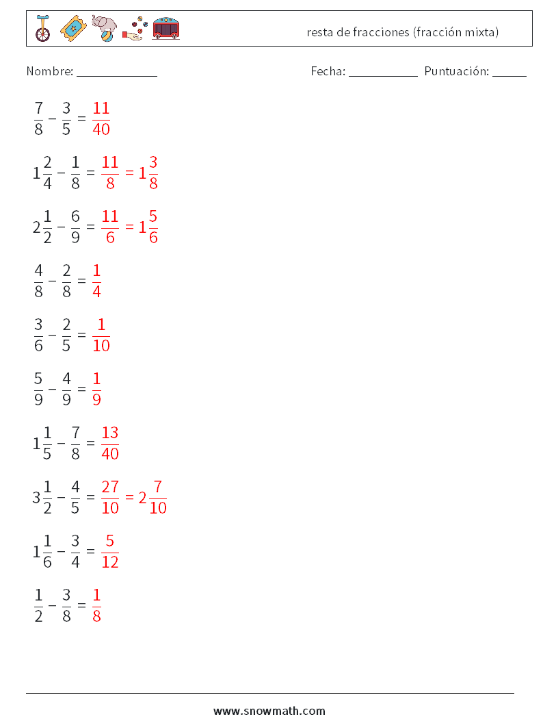 (10) resta de fracciones (fracción mixta) Hojas de trabajo de matemáticas 11 Pregunta, respuesta
