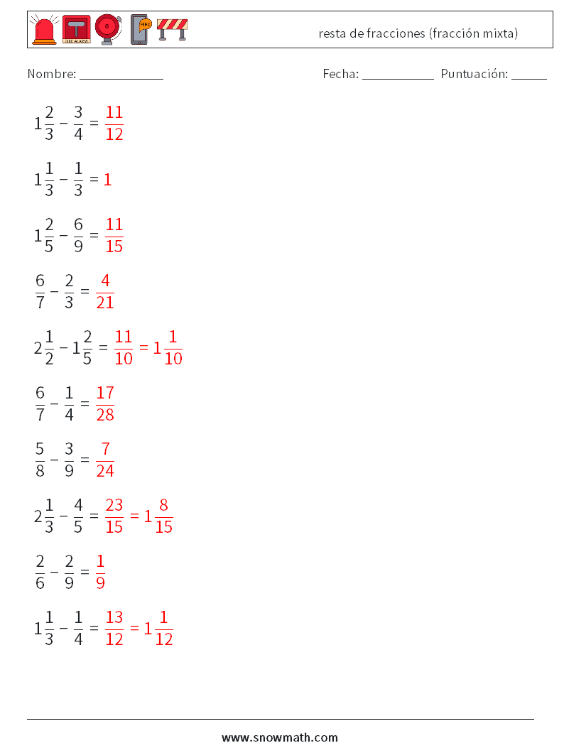 (10) resta de fracciones (fracción mixta) Hojas de trabajo de matemáticas 15 Pregunta, respuesta