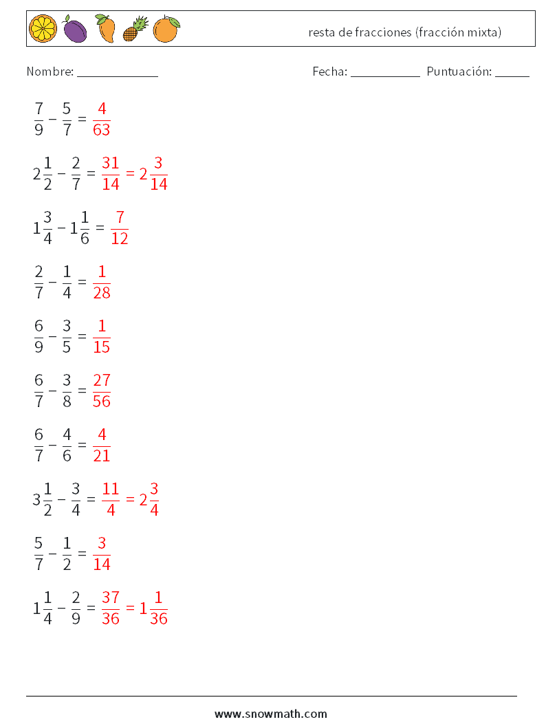 (10) resta de fracciones (fracción mixta) Hojas de trabajo de matemáticas 16 Pregunta, respuesta