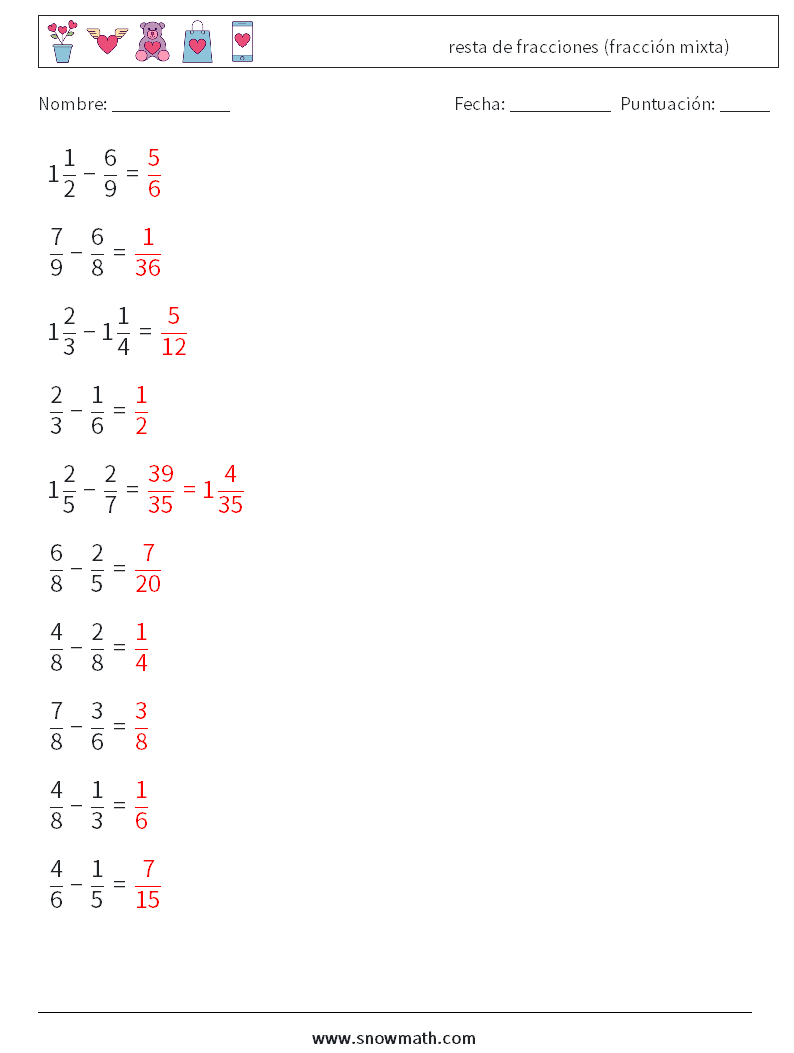 (10) resta de fracciones (fracción mixta) Hojas de trabajo de matemáticas 18 Pregunta, respuesta