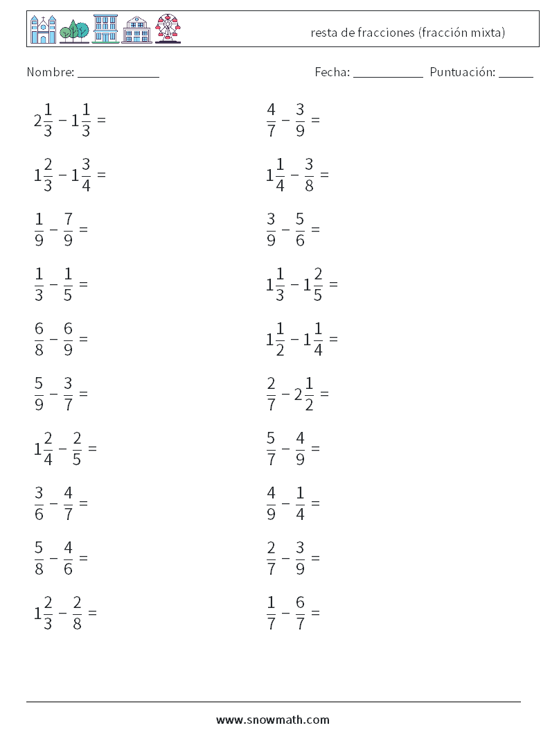 (20) resta de fracciones (fracción mixta)