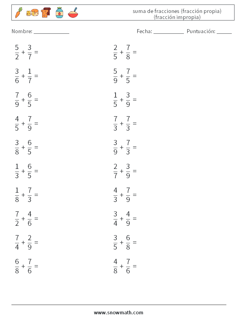 (20) suma de fracciones (fracción propia) (fracción impropia) Hojas de trabajo de matemáticas 10