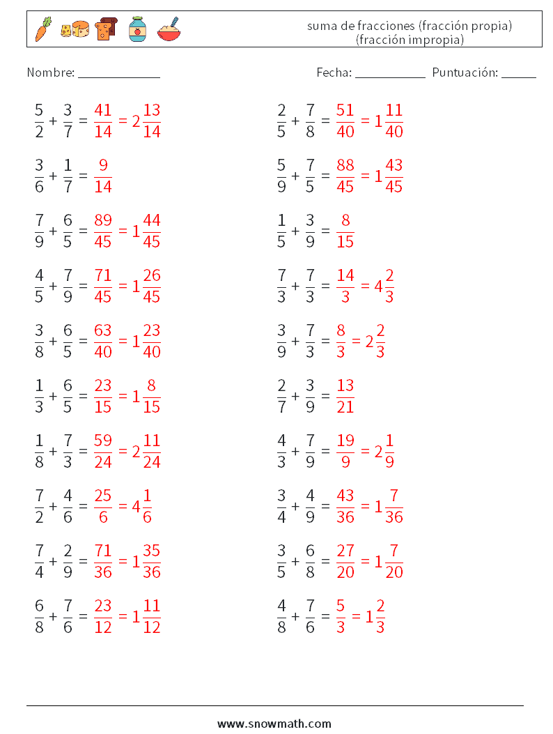 (20) suma de fracciones (fracción propia) (fracción impropia) Hojas de trabajo de matemáticas 10 Pregunta, respuesta