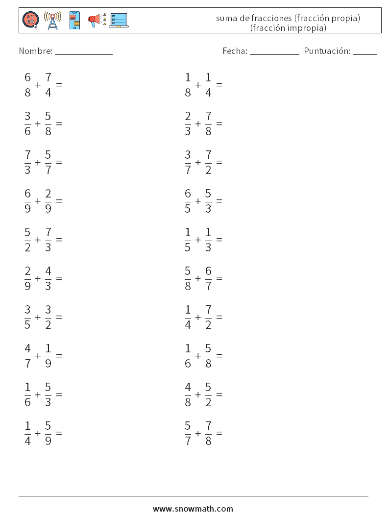 (20) suma de fracciones (fracción propia) (fracción impropia) Hojas de trabajo de matemáticas 11