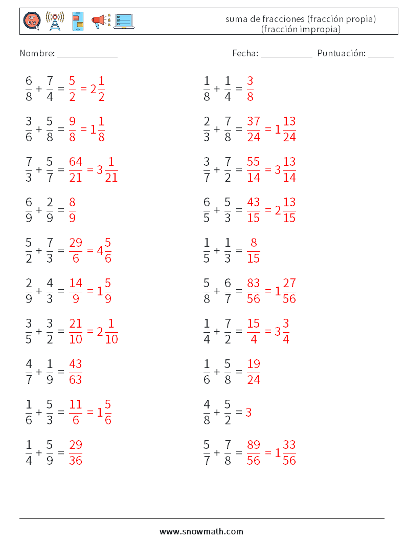 (20) suma de fracciones (fracción propia) (fracción impropia) Hojas de trabajo de matemáticas 11 Pregunta, respuesta