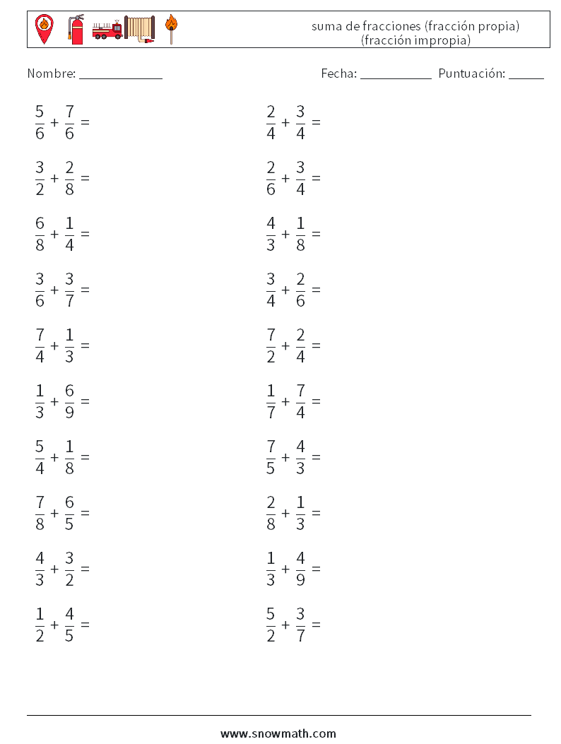 (20) suma de fracciones (fracción propia) (fracción impropia) Hojas de trabajo de matemáticas 12