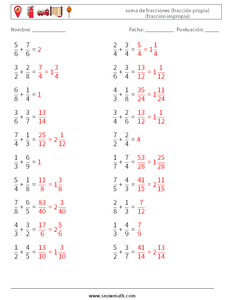 (20) suma de fracciones (fracción propia) (fracción impropia) Hojas de trabajo de matemáticas 12 Pregunta, respuesta