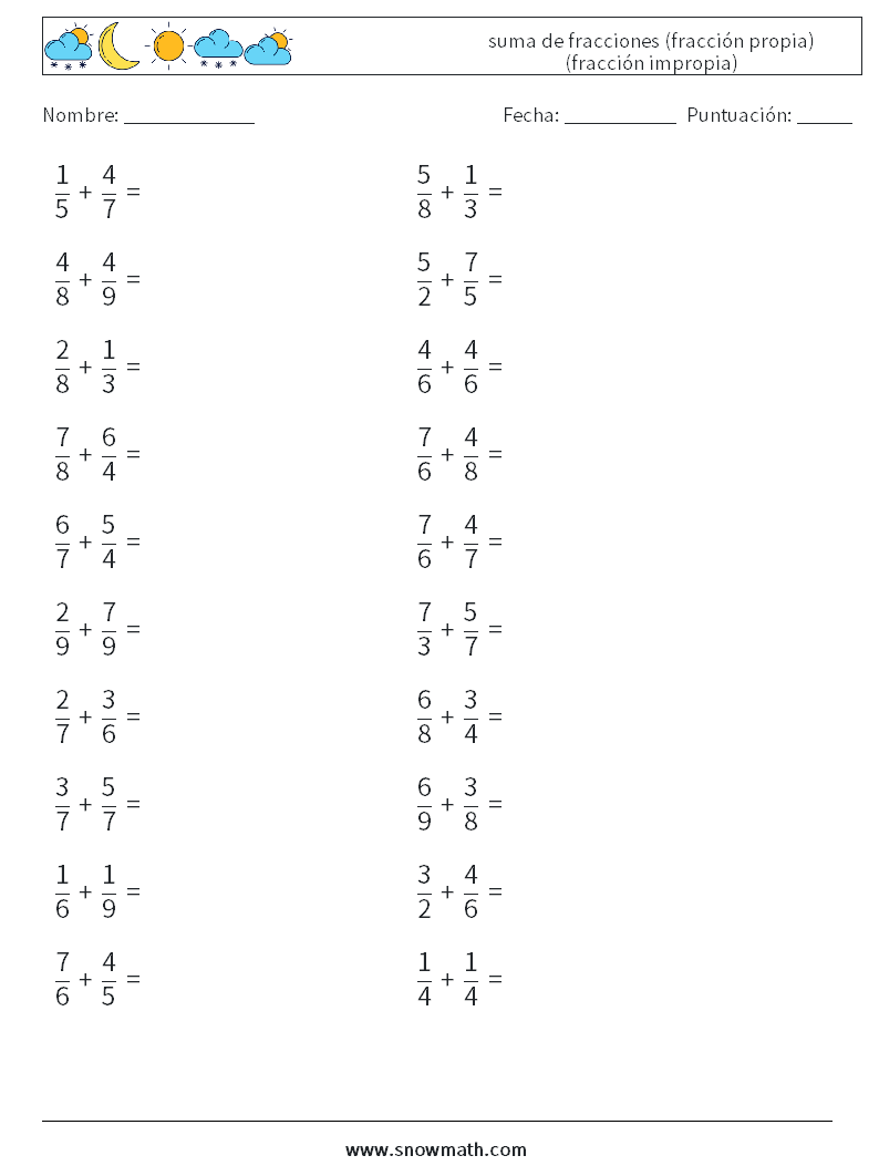 (20) suma de fracciones (fracción propia) (fracción impropia) Hojas de trabajo de matemáticas 13