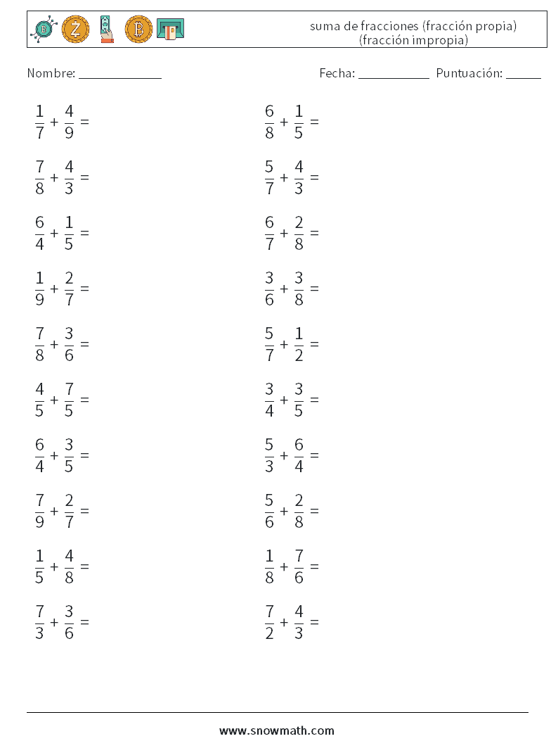 (20) suma de fracciones (fracción propia) (fracción impropia) Hojas de trabajo de matemáticas 14