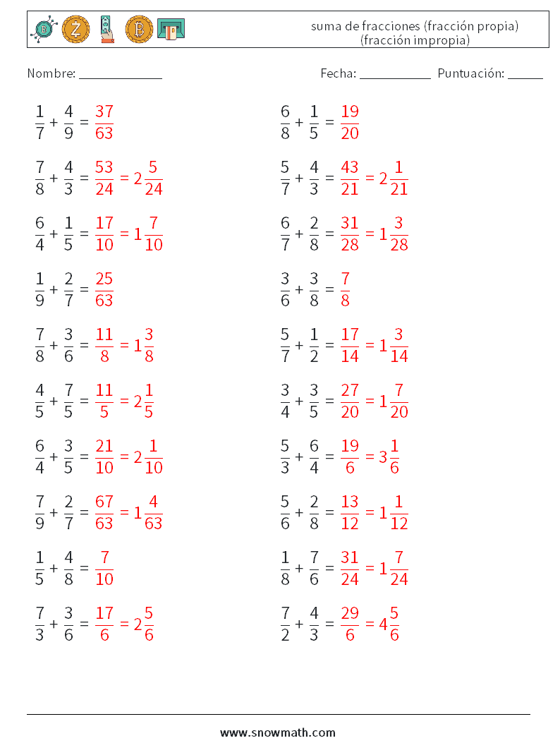 (20) suma de fracciones (fracción propia) (fracción impropia) Hojas de trabajo de matemáticas 14 Pregunta, respuesta