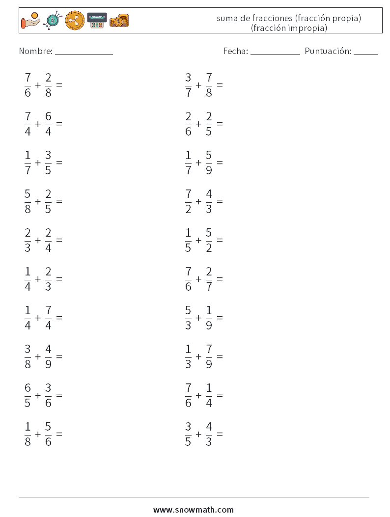 (20) suma de fracciones (fracción propia) (fracción impropia) Hojas de trabajo de matemáticas 15
