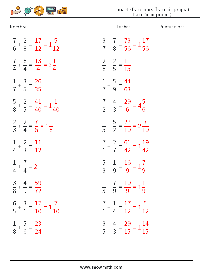 (20) suma de fracciones (fracción propia) (fracción impropia) Hojas de trabajo de matemáticas 15 Pregunta, respuesta
