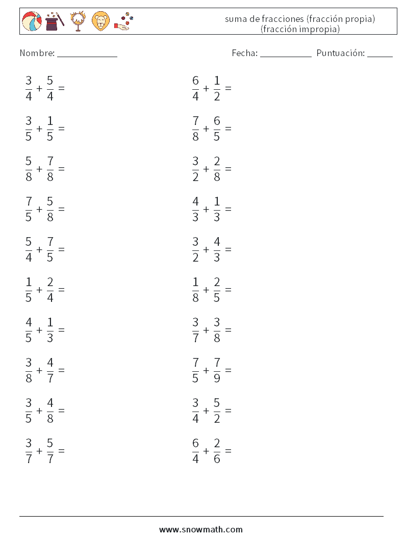 (20) suma de fracciones (fracción propia) (fracción impropia) Hojas de trabajo de matemáticas 16