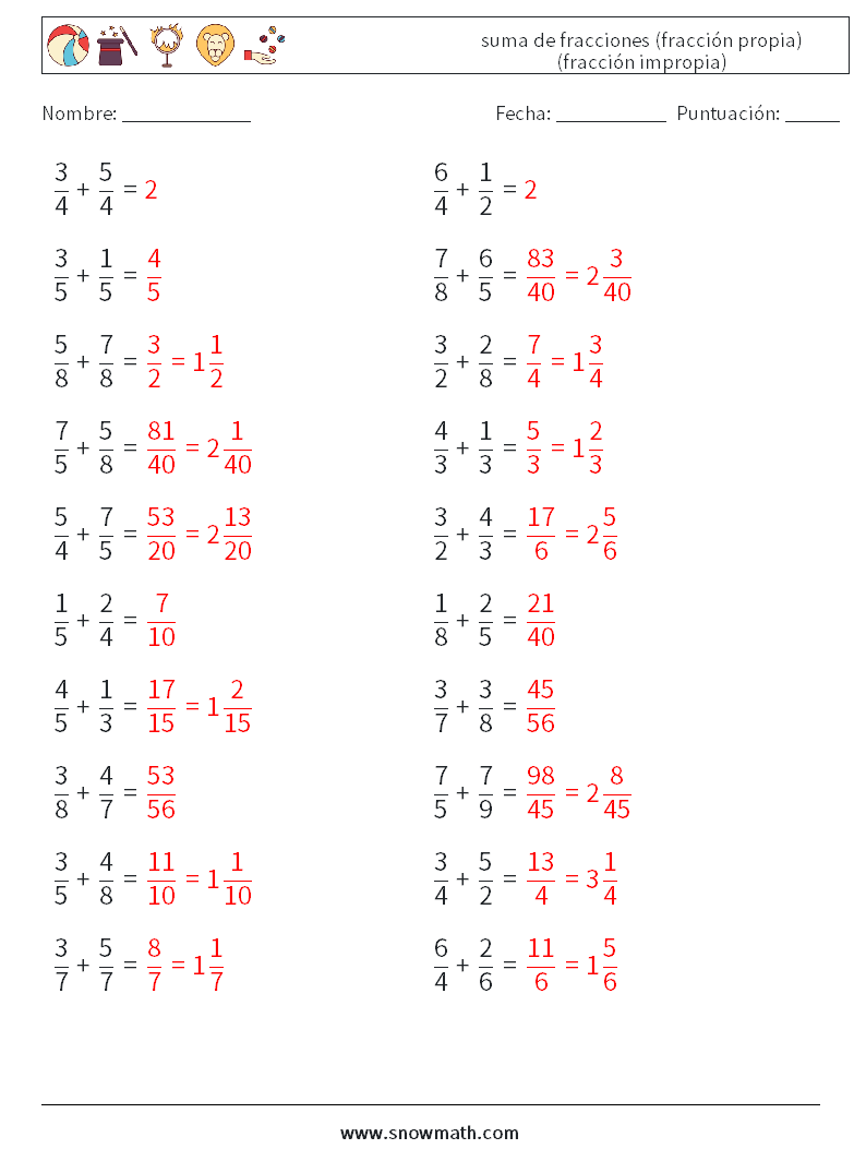 (20) suma de fracciones (fracción propia) (fracción impropia) Hojas de trabajo de matemáticas 16 Pregunta, respuesta
