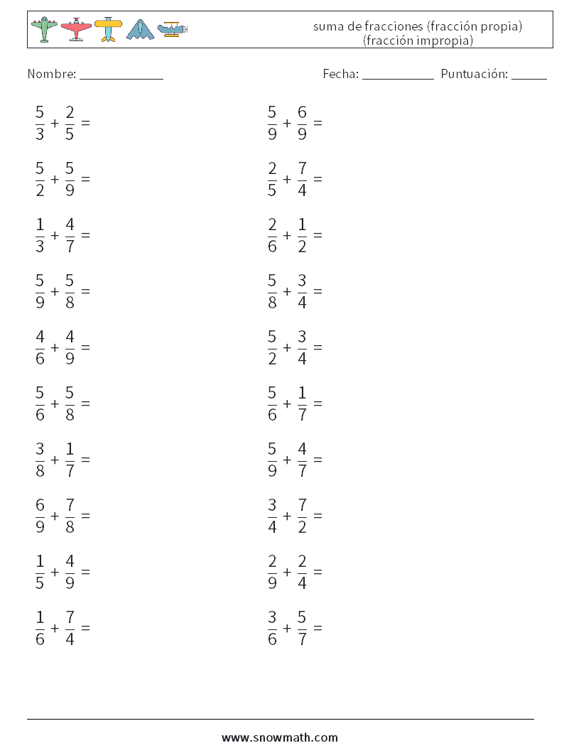 (20) suma de fracciones (fracción propia) (fracción impropia) Hojas de trabajo de matemáticas 17