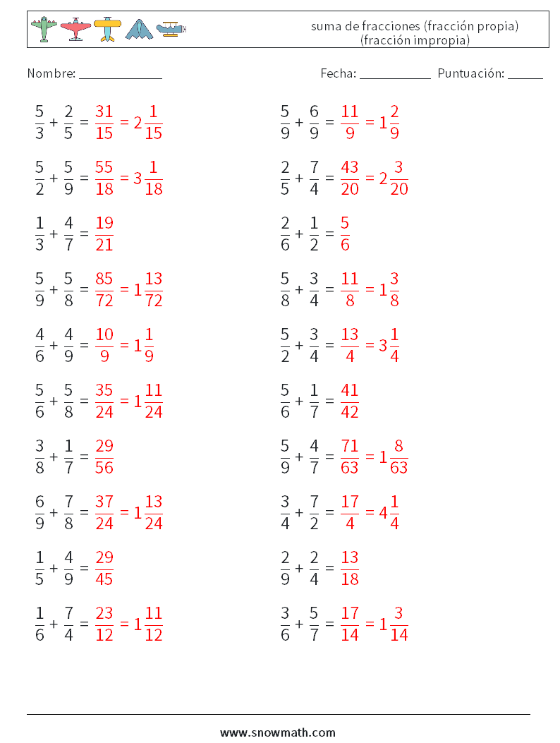 (20) suma de fracciones (fracción propia) (fracción impropia) Hojas de trabajo de matemáticas 17 Pregunta, respuesta