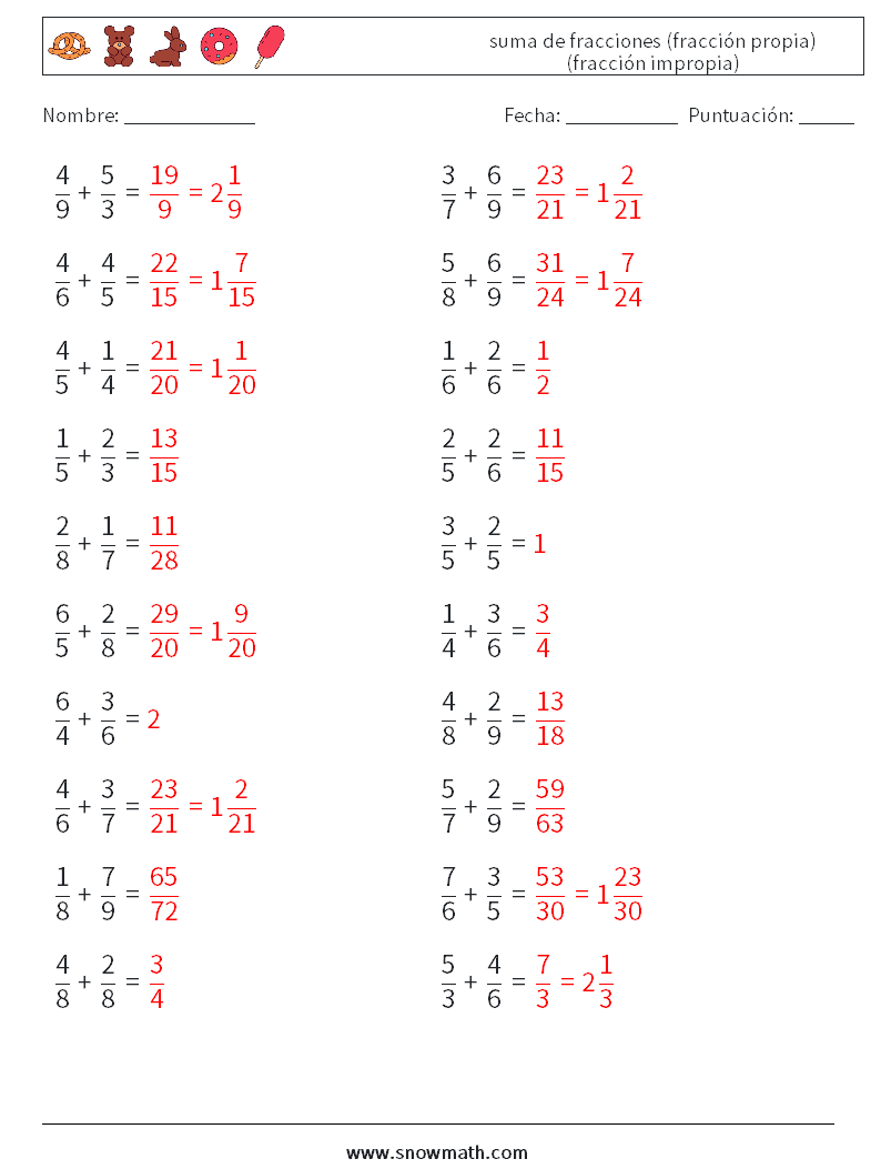 (20) suma de fracciones (fracción propia) (fracción impropia) Hojas de trabajo de matemáticas 18 Pregunta, respuesta