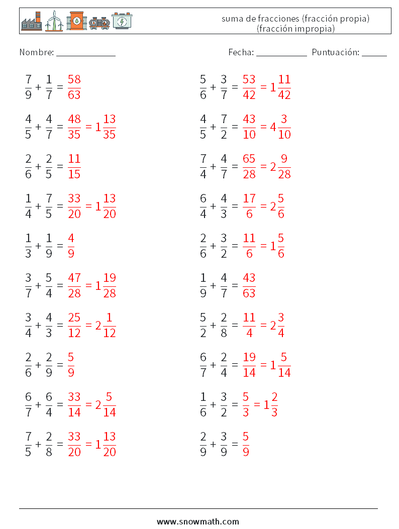 (20) suma de fracciones (fracción propia) (fracción impropia) Hojas de trabajo de matemáticas 1 Pregunta, respuesta