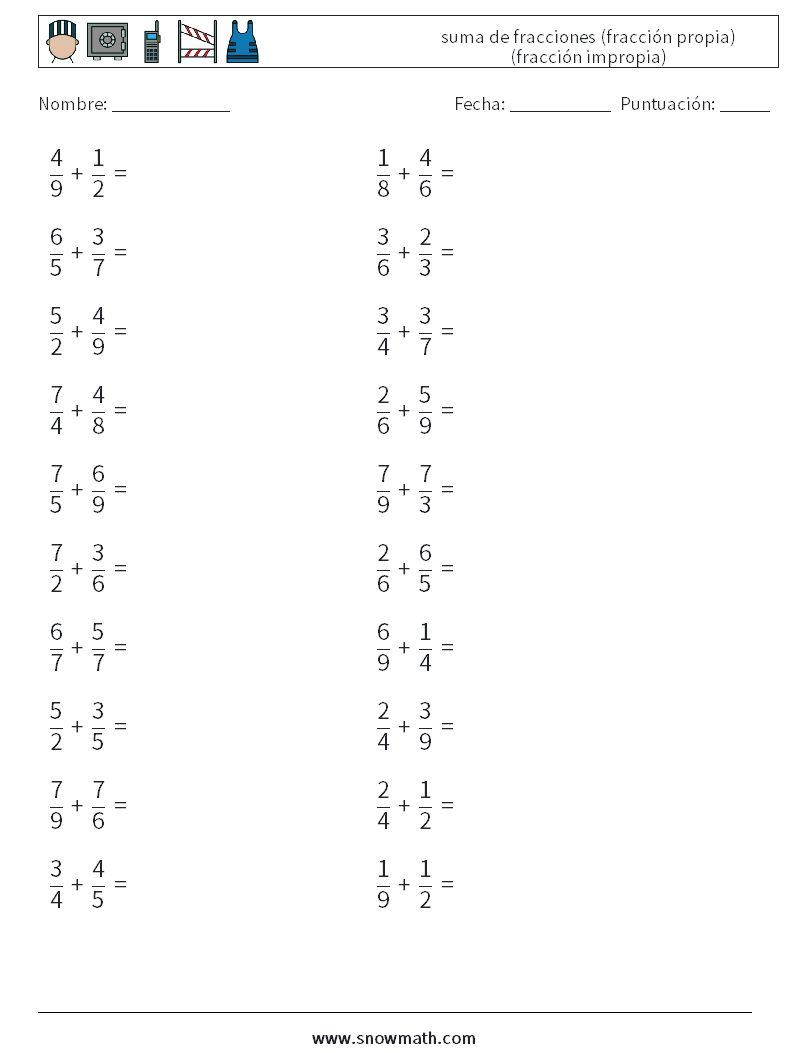 (20) suma de fracciones (fracción propia) (fracción impropia) Hojas de trabajo de matemáticas 2