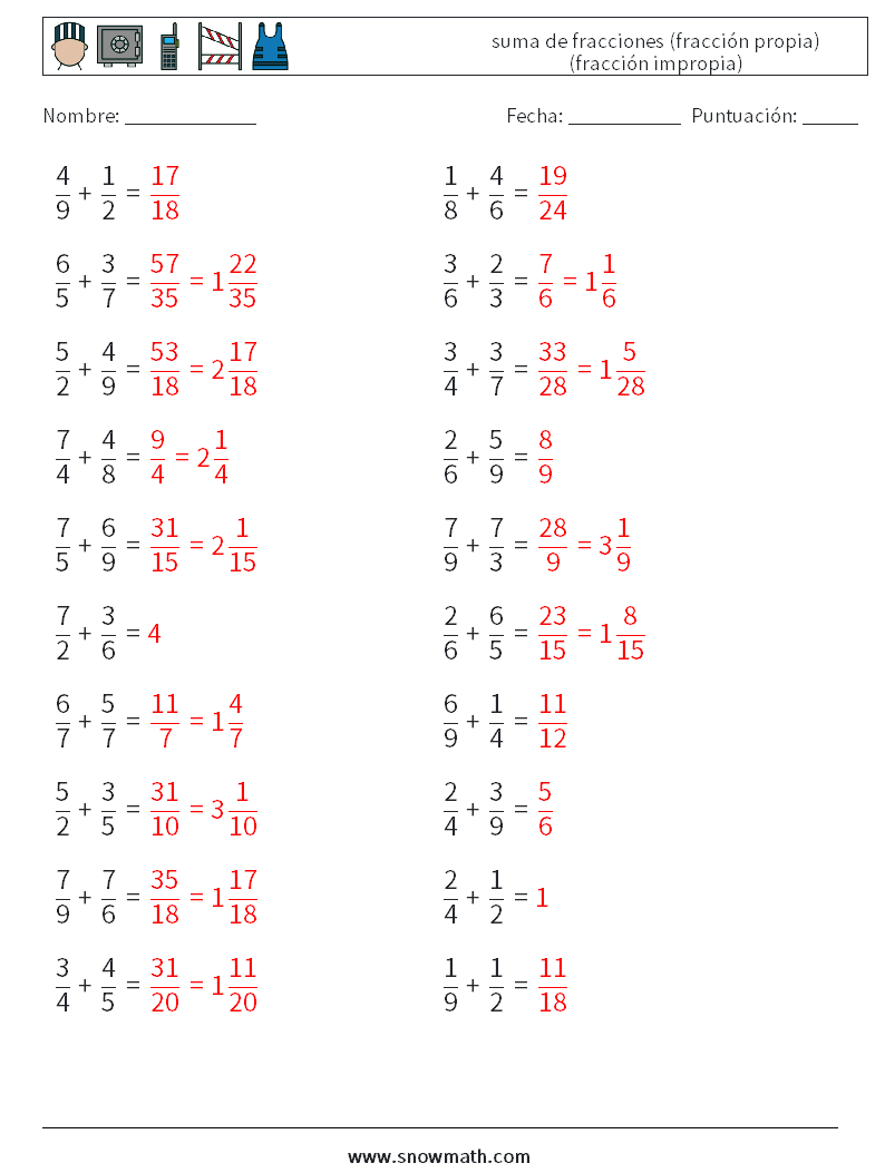 (20) suma de fracciones (fracción propia) (fracción impropia) Hojas de trabajo de matemáticas 2 Pregunta, respuesta