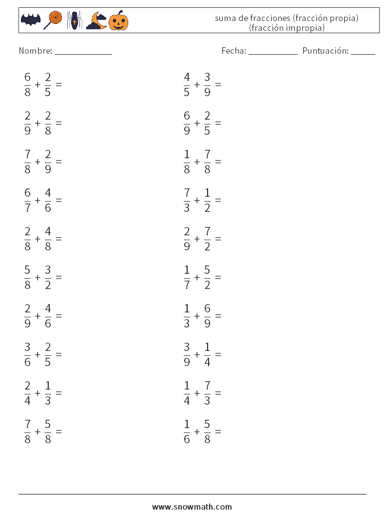 (20) suma de fracciones (fracción propia) (fracción impropia) Hojas de trabajo de matemáticas 3