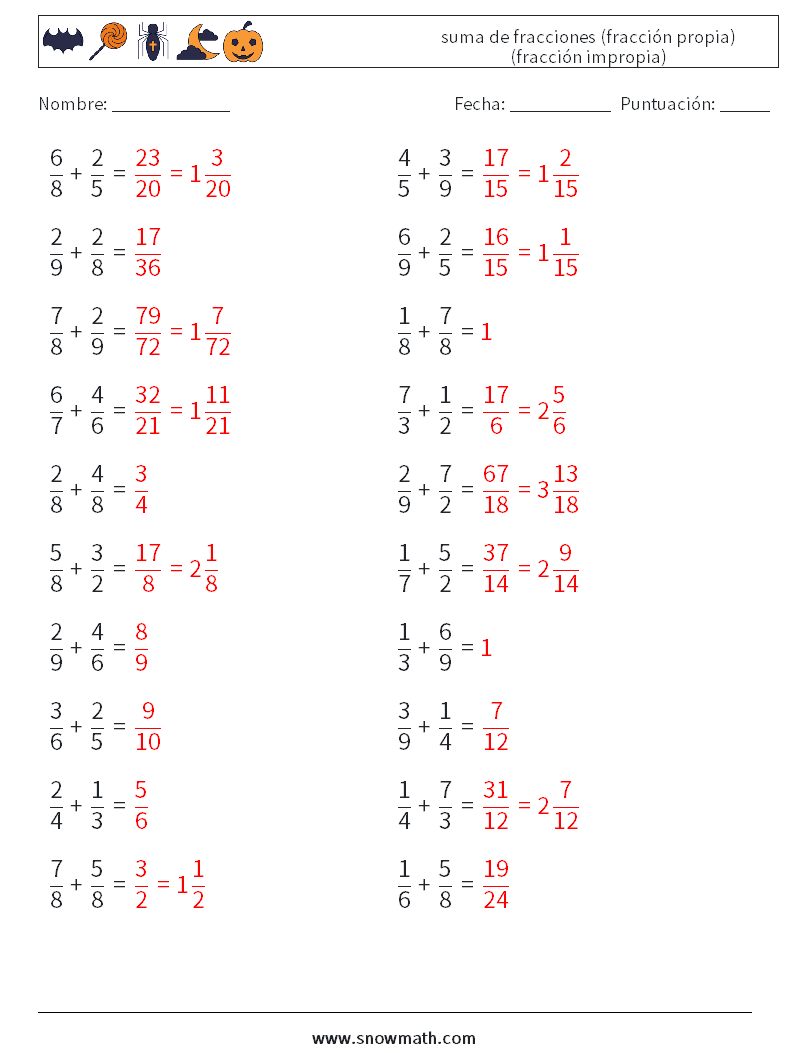 (20) suma de fracciones (fracción propia) (fracción impropia) Hojas de trabajo de matemáticas 3 Pregunta, respuesta