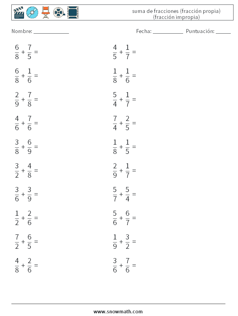 (20) suma de fracciones (fracción propia) (fracción impropia) Hojas de trabajo de matemáticas 4