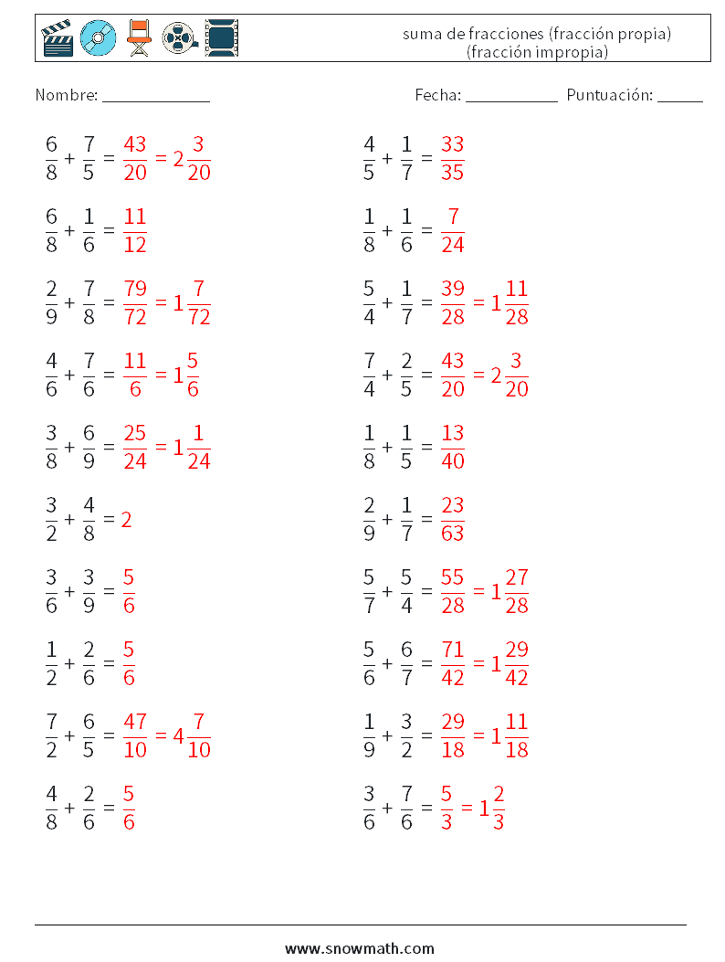 (20) suma de fracciones (fracción propia) (fracción impropia) Hojas de trabajo de matemáticas 4 Pregunta, respuesta