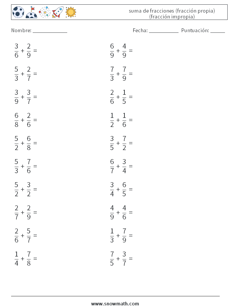(20) suma de fracciones (fracción propia) (fracción impropia) Hojas de trabajo de matemáticas 5