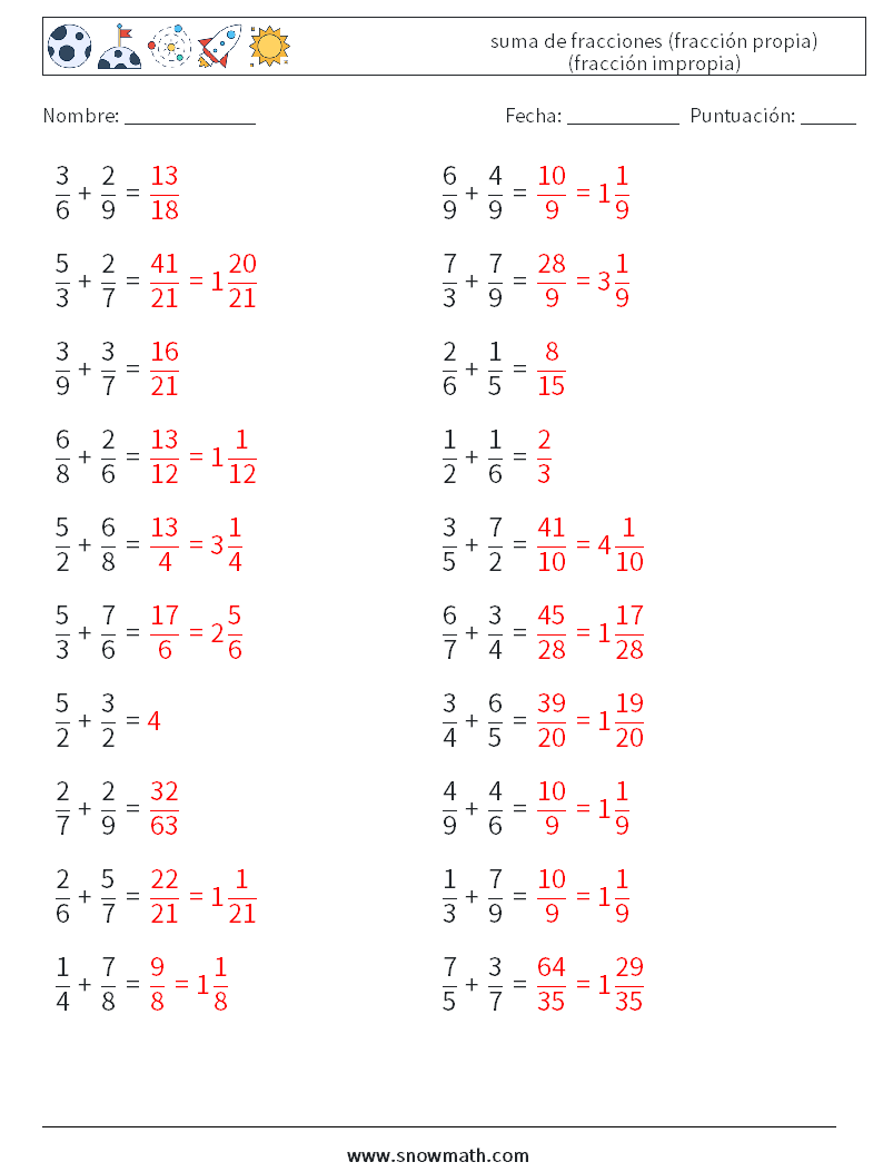(20) suma de fracciones (fracción propia) (fracción impropia) Hojas de trabajo de matemáticas 5 Pregunta, respuesta