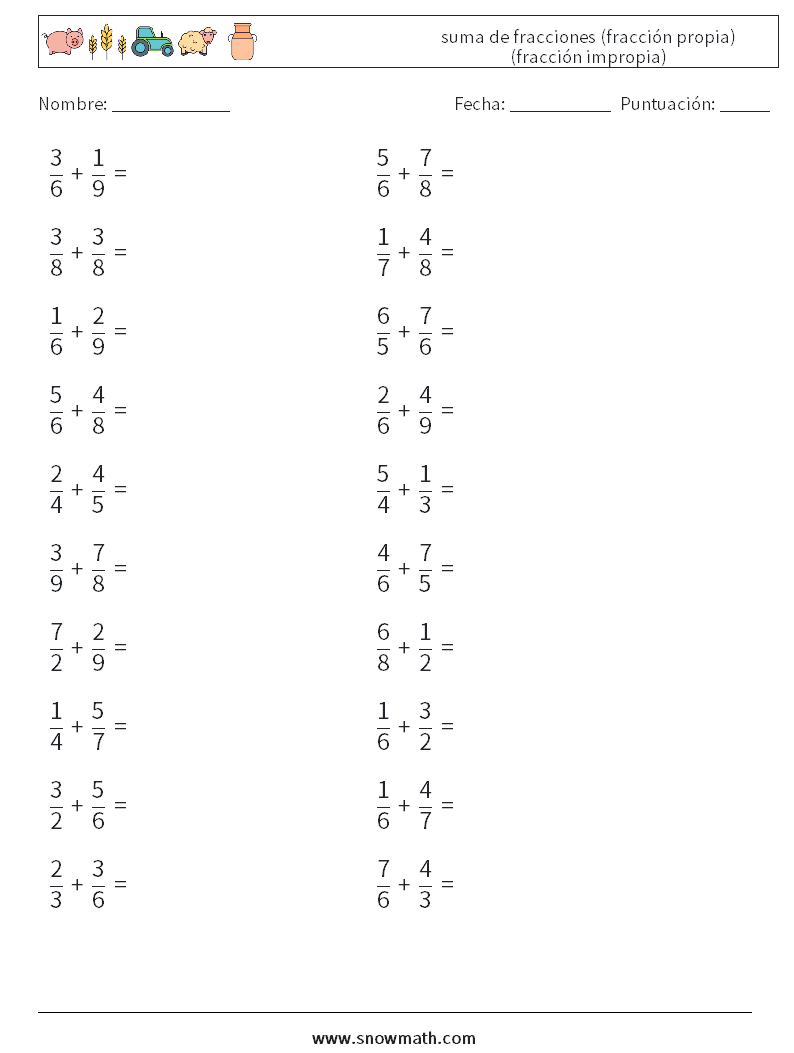 (20) suma de fracciones (fracción propia) (fracción impropia) Hojas de trabajo de matemáticas 6