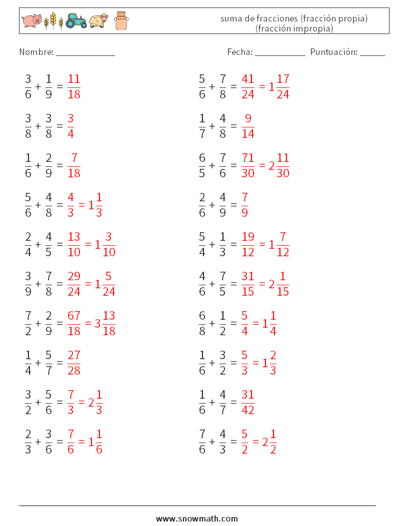 (20) suma de fracciones (fracción propia) (fracción impropia) Hojas de trabajo de matemáticas 6 Pregunta, respuesta