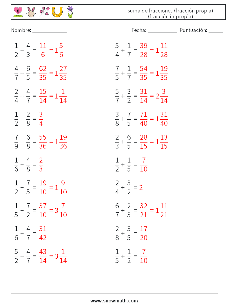 (20) suma de fracciones (fracción propia) (fracción impropia) Hojas de trabajo de matemáticas 7 Pregunta, respuesta