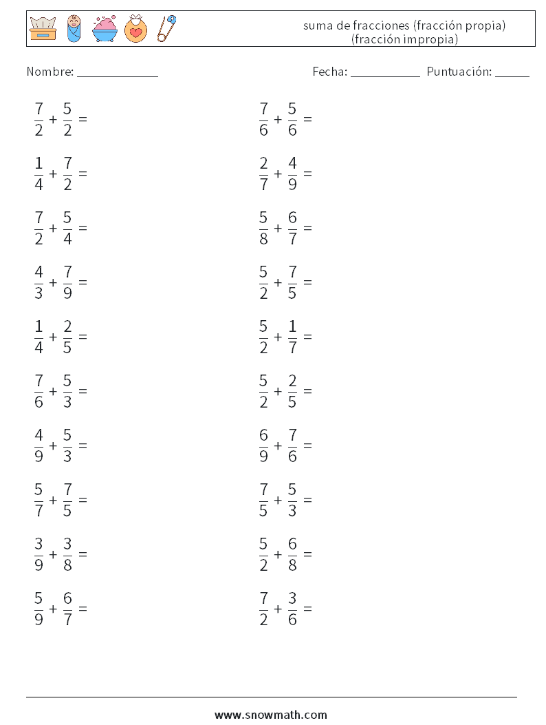 (20) suma de fracciones (fracción propia) (fracción impropia) Hojas de trabajo de matemáticas 8