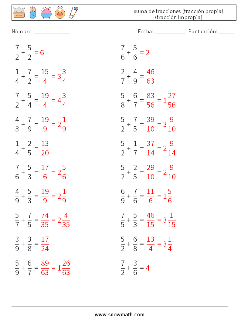 (20) suma de fracciones (fracción propia) (fracción impropia) Hojas de trabajo de matemáticas 8 Pregunta, respuesta