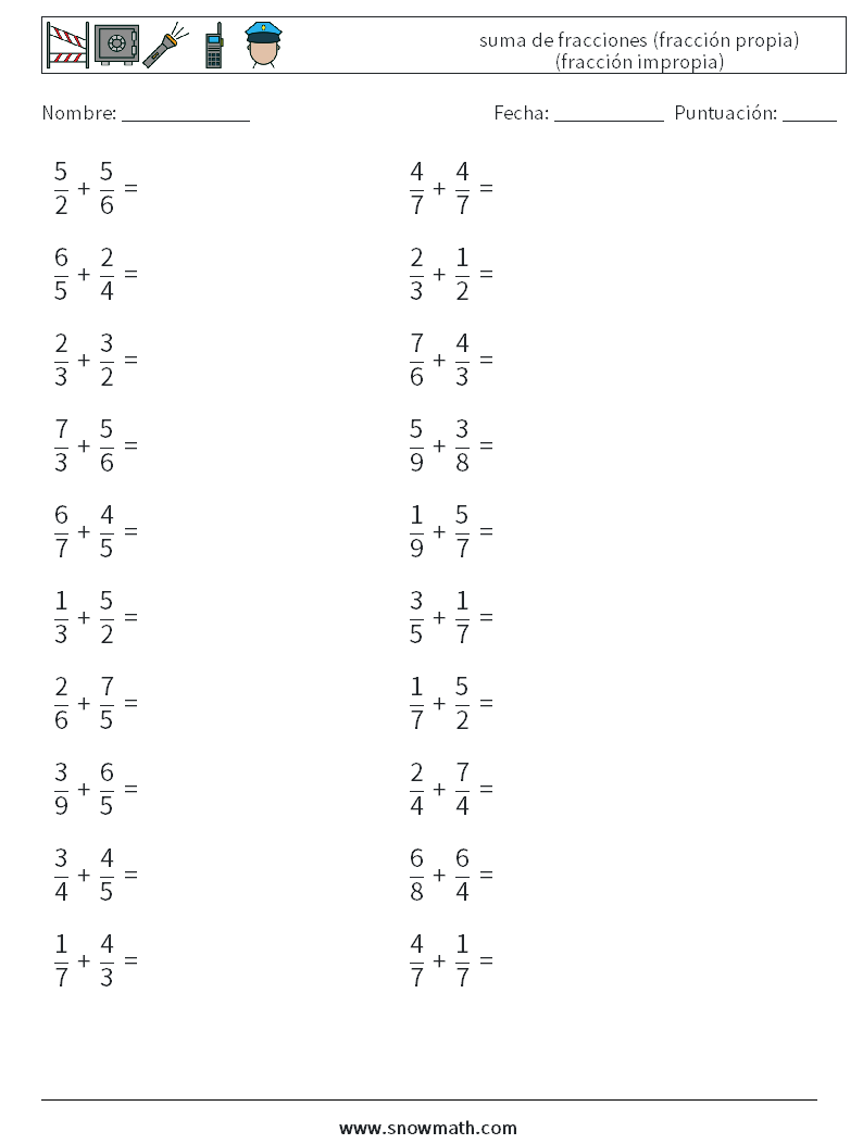 (20) suma de fracciones (fracción propia) (fracción impropia) Hojas de trabajo de matemáticas 9