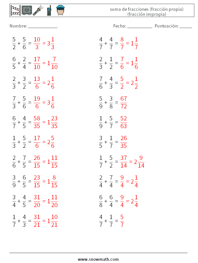 (20) suma de fracciones (fracción propia) (fracción impropia) Hojas de trabajo de matemáticas 9 Pregunta, respuesta