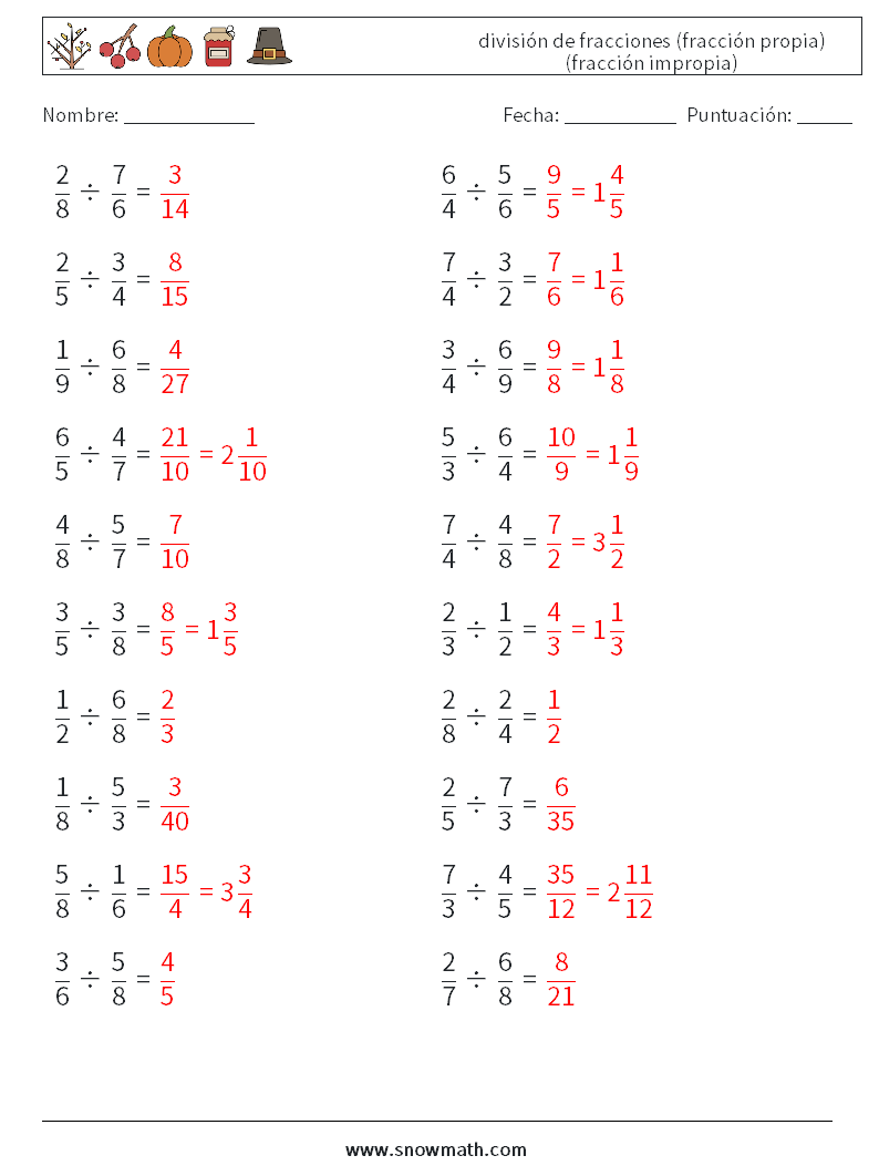 (20) división de fracciones (fracción propia) (fracción impropia) Hojas de trabajo de matemáticas 10 Pregunta, respuesta