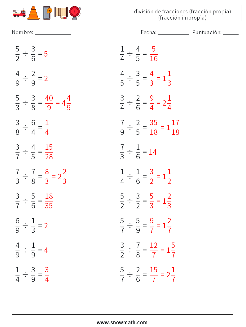 (20) división de fracciones (fracción propia) (fracción impropia) Hojas de trabajo de matemáticas 11 Pregunta, respuesta