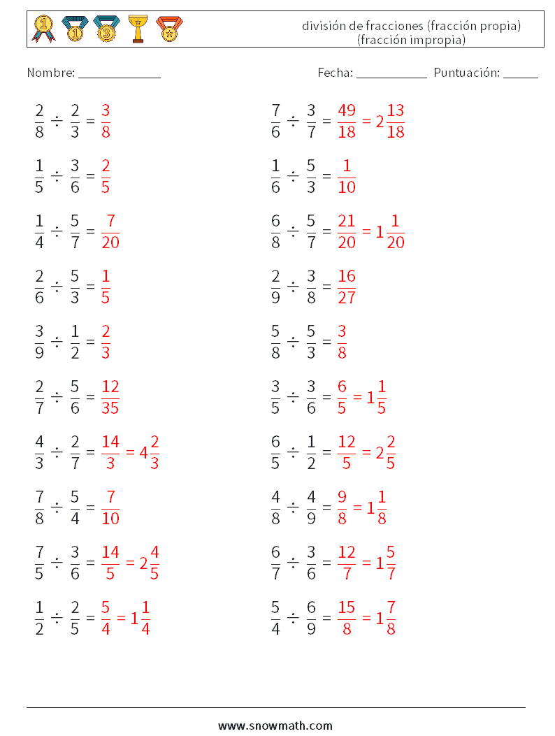 (20) división de fracciones (fracción propia) (fracción impropia) Hojas de trabajo de matemáticas 12 Pregunta, respuesta