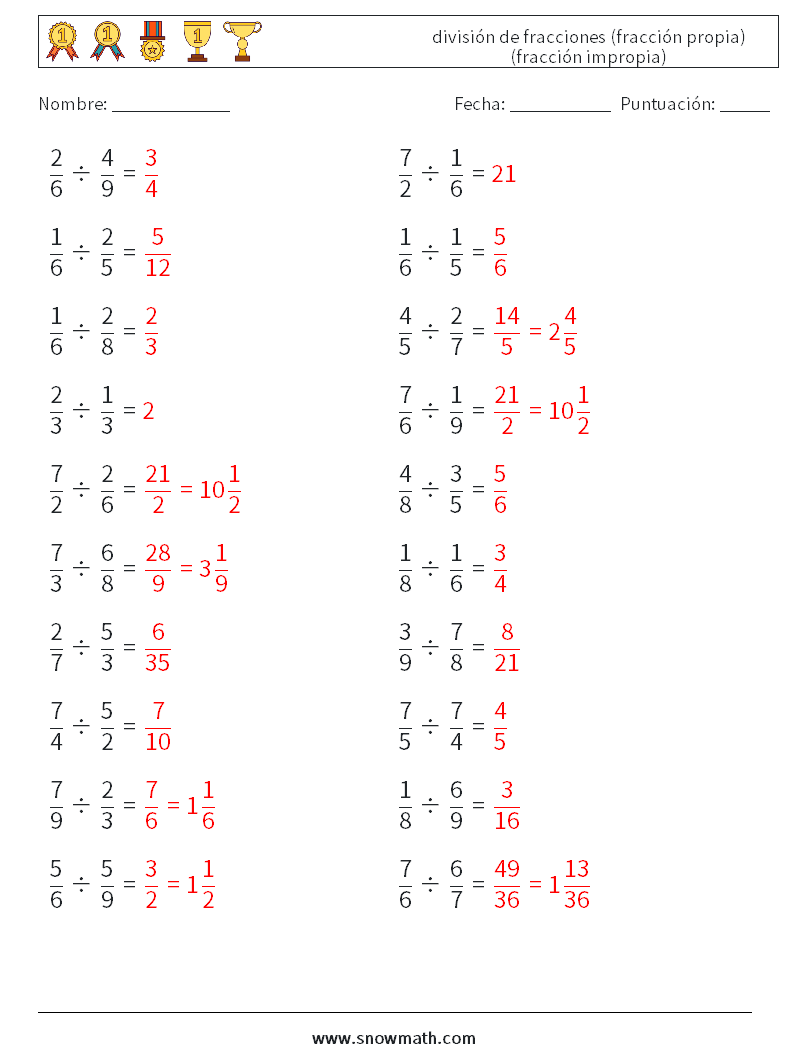 (20) división de fracciones (fracción propia) (fracción impropia) Hojas de trabajo de matemáticas 13 Pregunta, respuesta