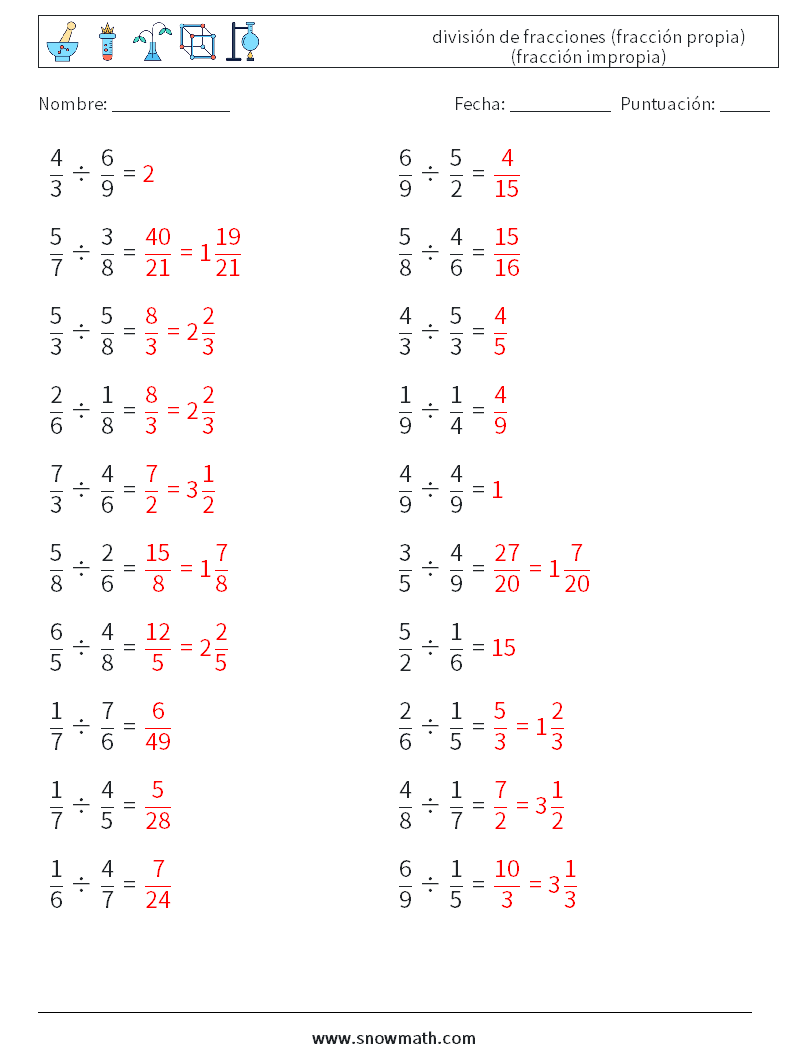 (20) división de fracciones (fracción propia) (fracción impropia) Hojas de trabajo de matemáticas 14 Pregunta, respuesta
