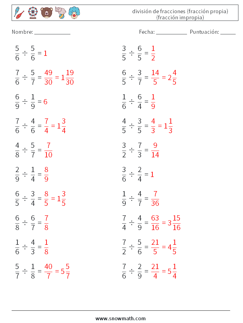 (20) división de fracciones (fracción propia) (fracción impropia) Hojas de trabajo de matemáticas 15 Pregunta, respuesta