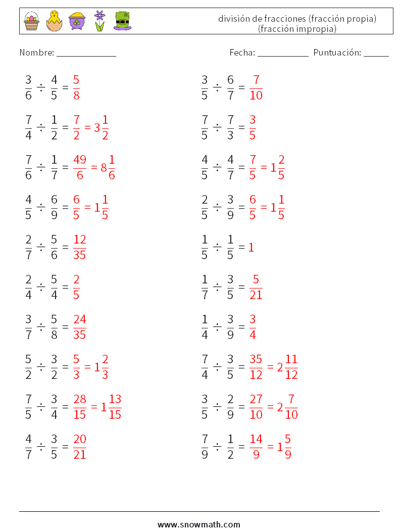 (20) división de fracciones (fracción propia) (fracción impropia) Hojas de trabajo de matemáticas 16 Pregunta, respuesta