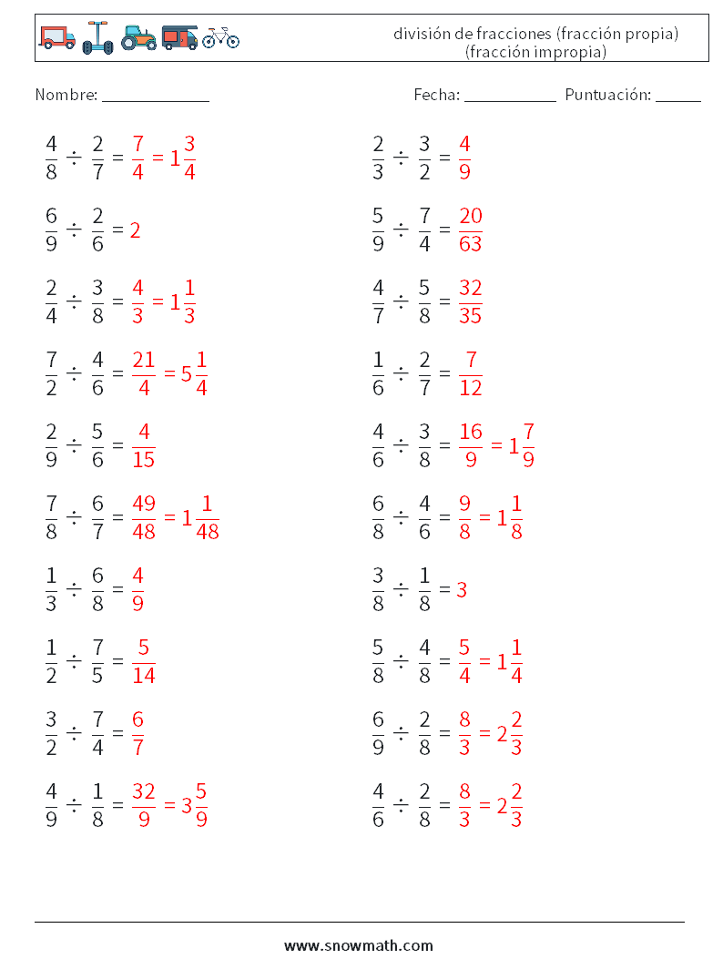 (20) división de fracciones (fracción propia) (fracción impropia) Hojas de trabajo de matemáticas 17 Pregunta, respuesta