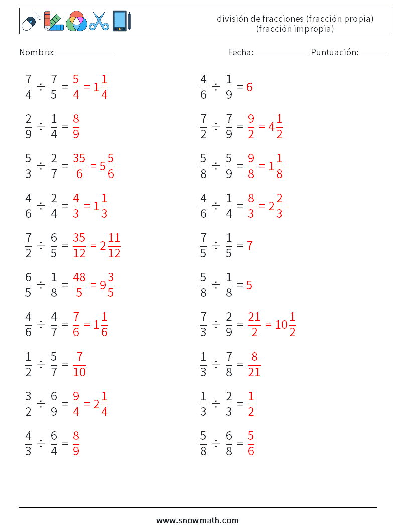 (20) división de fracciones (fracción propia) (fracción impropia) Hojas de trabajo de matemáticas 18 Pregunta, respuesta