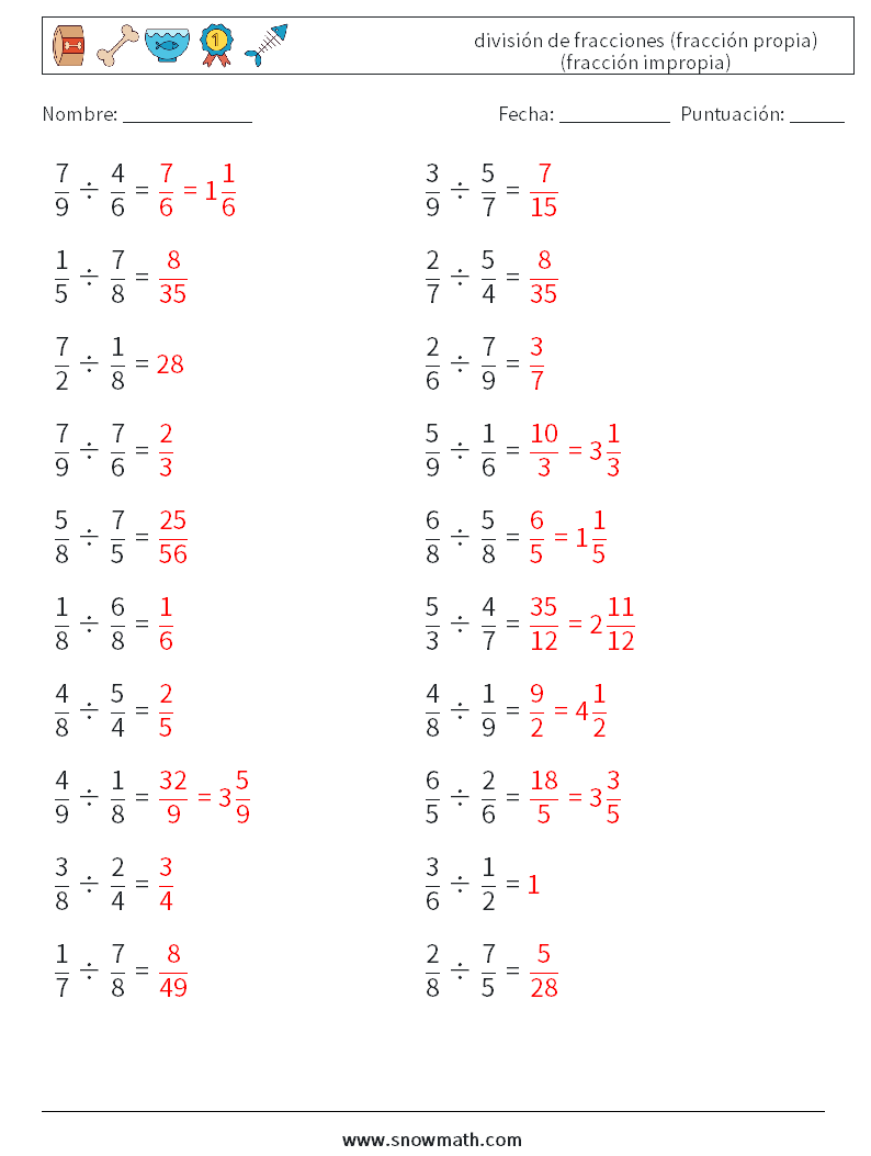 (20) división de fracciones (fracción propia) (fracción impropia) Hojas de trabajo de matemáticas 1 Pregunta, respuesta