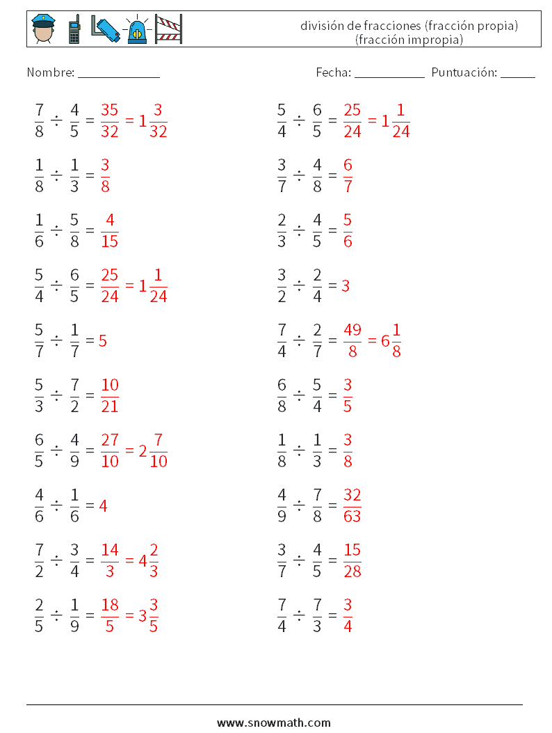 (20) división de fracciones (fracción propia) (fracción impropia) Hojas de trabajo de matemáticas 2 Pregunta, respuesta